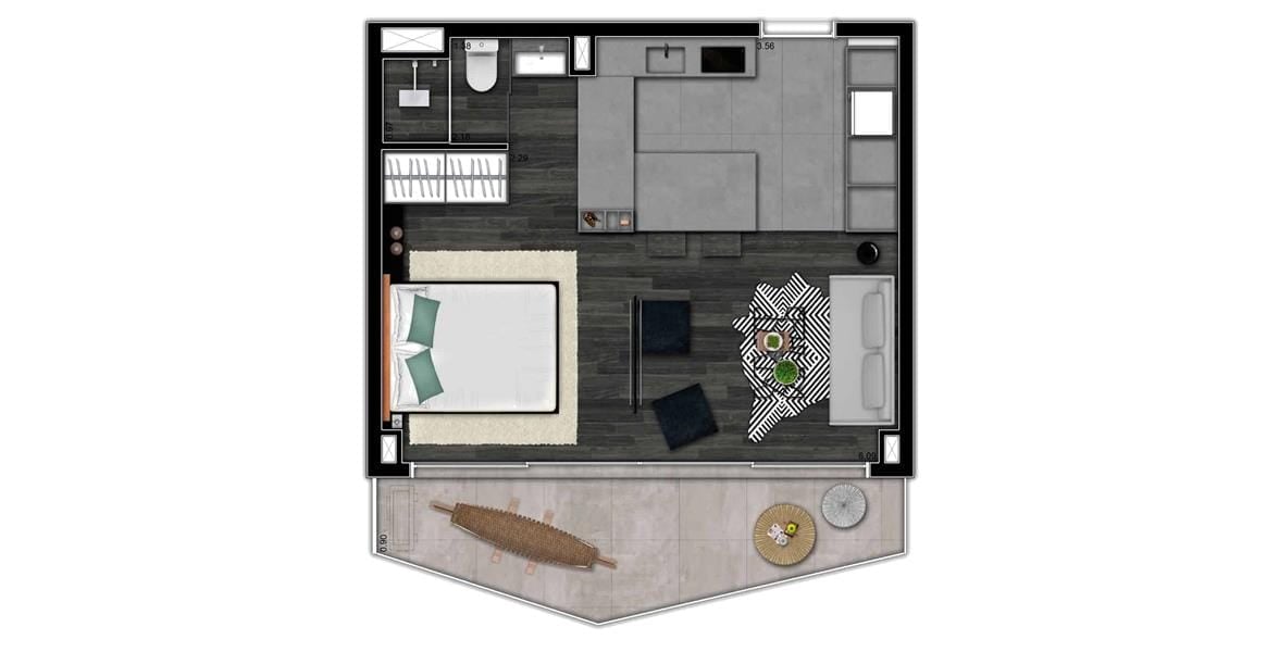 VN Millennium Faria Lima - Plantas TORRE HYPE PLANTA TIPO STUDIO 42M² - OPÇÃO DECORADO (TERRAÇO AMPLIADO)