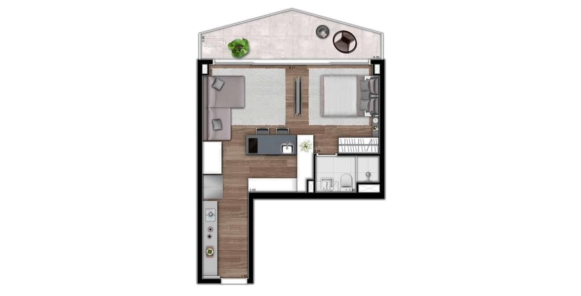Plantas TORRE HYPE PLANTA TIPO STUDIO 43M² (TERRAÇO AMPLIADO)