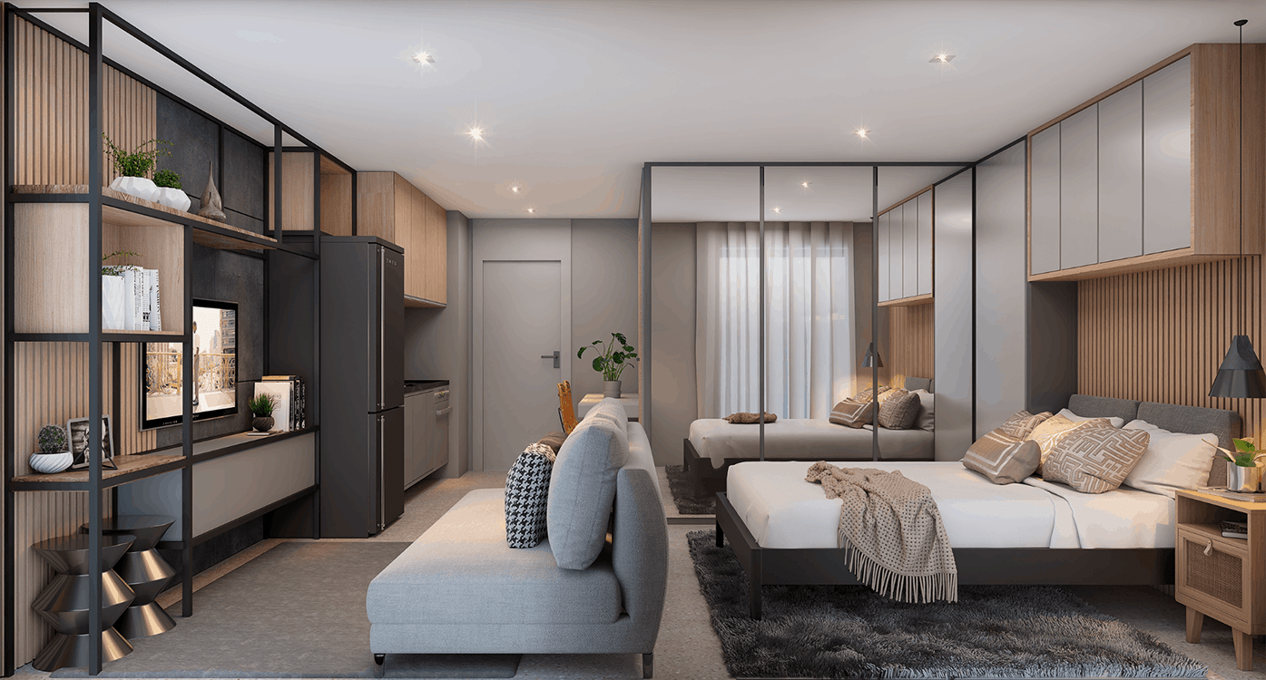 Living do Apto de 37m² do Haus Mitre Alto do Butantã