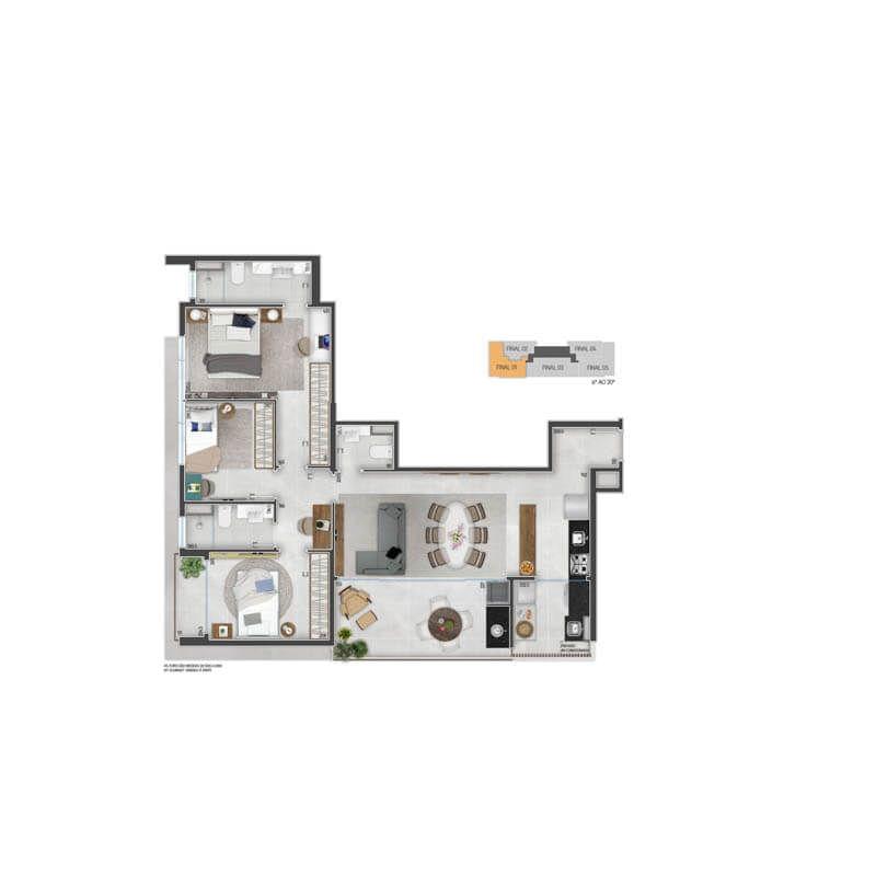 Opção 1 - Planta de 3 Dormitórios sendo 1 Suíte do Diamond Jardins