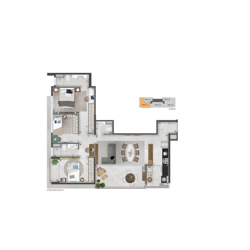 Opção 2 - Planta de 3 Dormitórios sendo 1 Suíte do Diamond Jardins