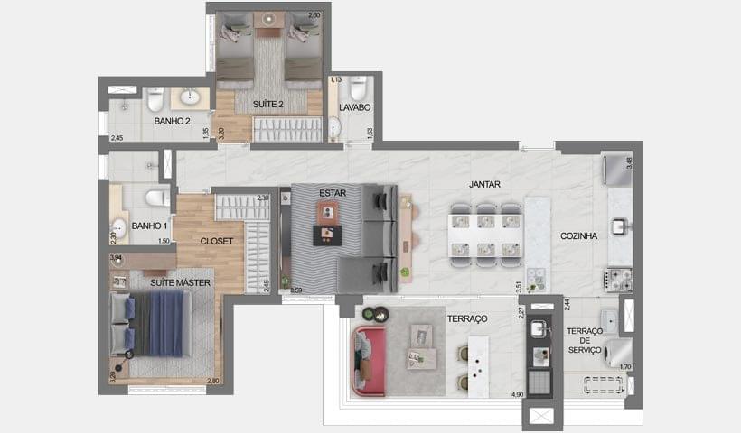 Opção 1 - Apartamento de 92m² do Ereditá Parque da Mooca