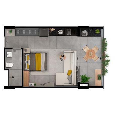 Planta Opção 1 - Unidade Uira Padrão de 42m² - ARTEM Anália Franco