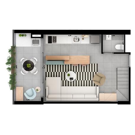 Planta Opção 3 - Unidade Uirá Duplex 64m² (Inferior) - ARTEM Anália Franco