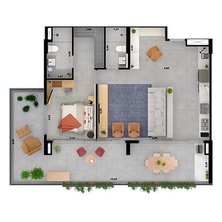 Planta Opção 6 - Unidade Ybira 109m² (Extremidade) - ARTEM Anália Franco