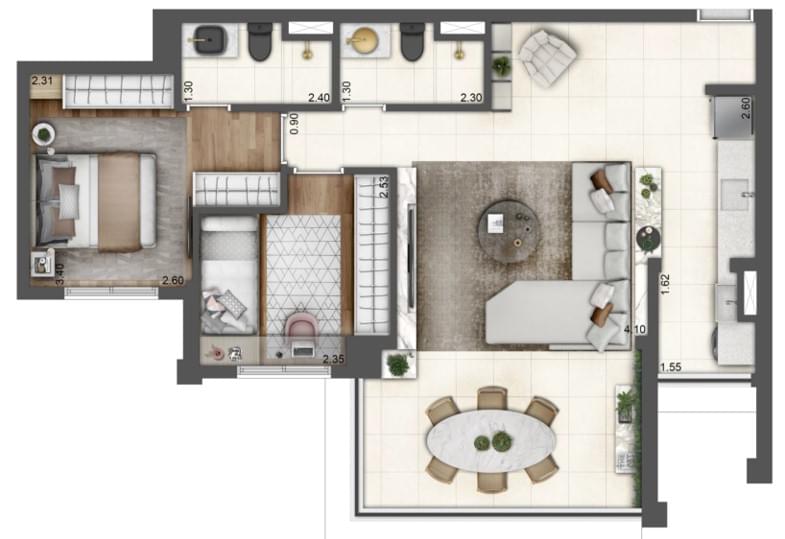 WONDER Ipiranga - Planta Planta com Sala Ampliada de 75m² 