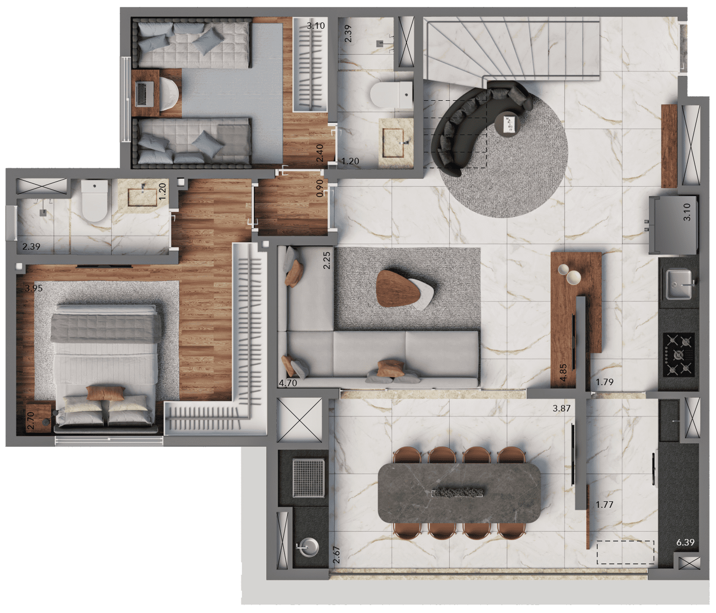 Opção 4 - Planta Duplex de 83m² (Piso Inferior) do Living Hereditá