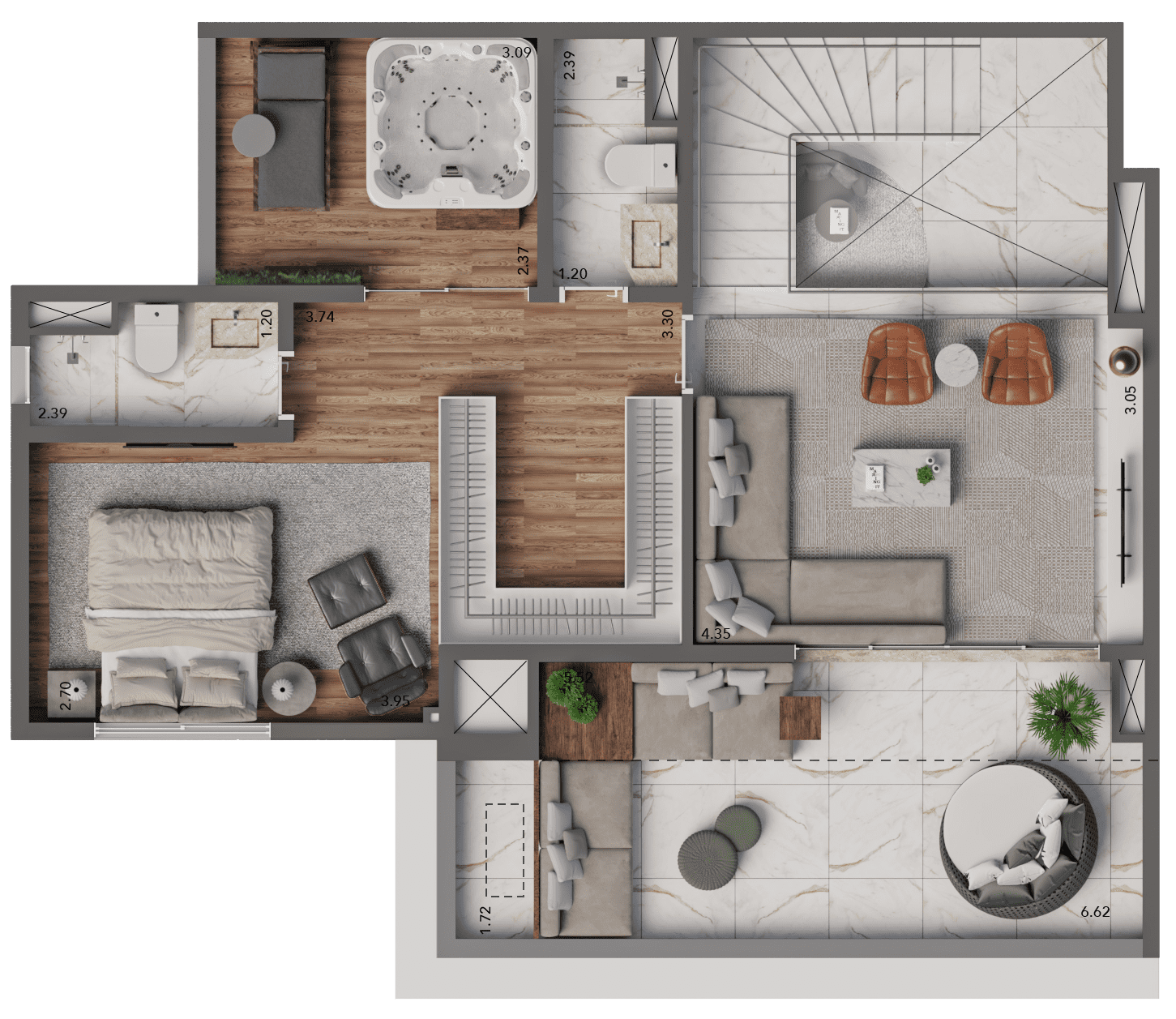 Opção 4 - Planta Duplex de 83m² (Piso Superior) do Living Hereditá