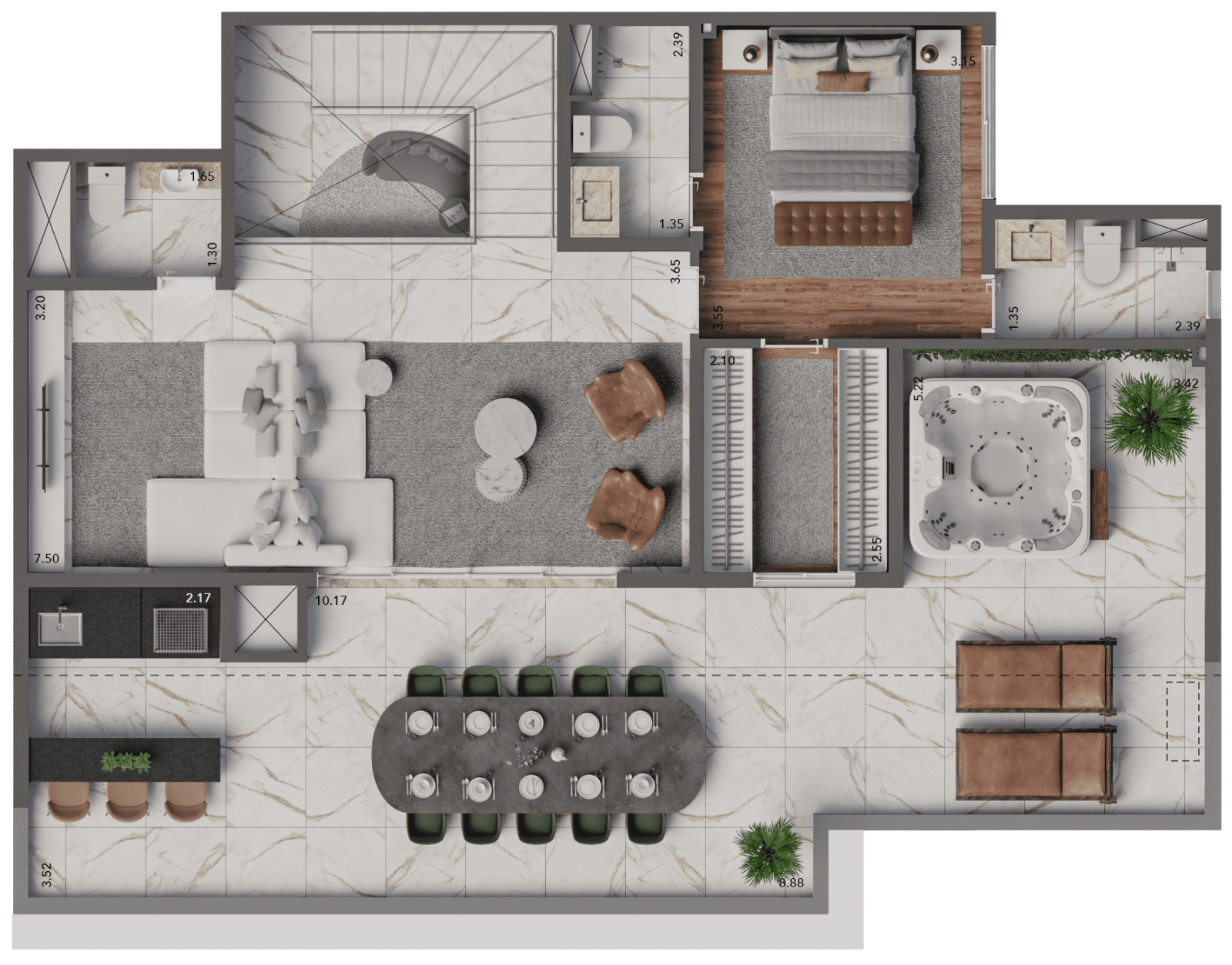 Opção 7 - Planta Duplex de 125m² (Piso Superior) do Living Hereditá