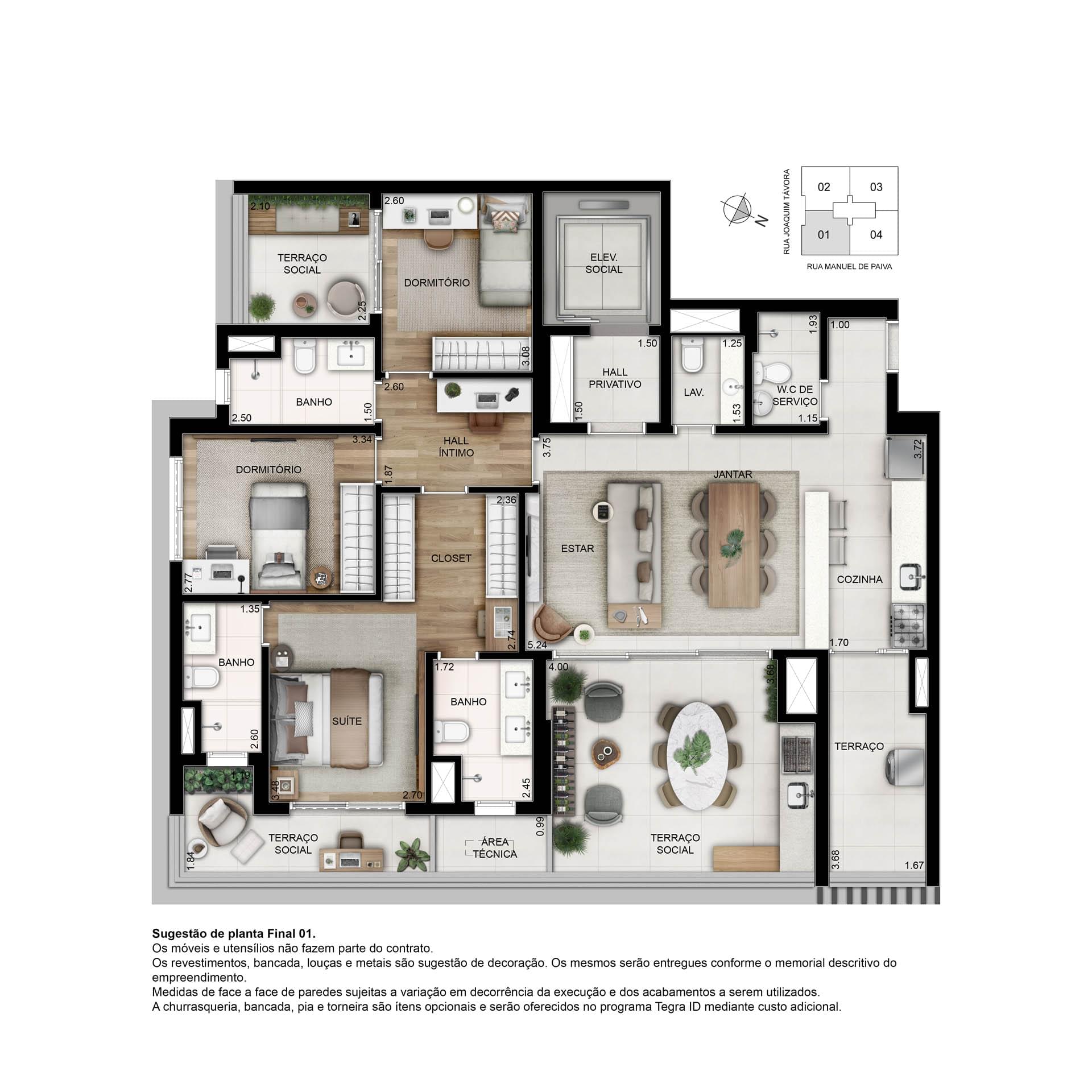 Planta Opção 140m² - 03 dormitórios, sendo 1 suíte com banho sr. e sra. - Cozinha Americana - 02 Vagas - L' Harmonie Vila Mariana