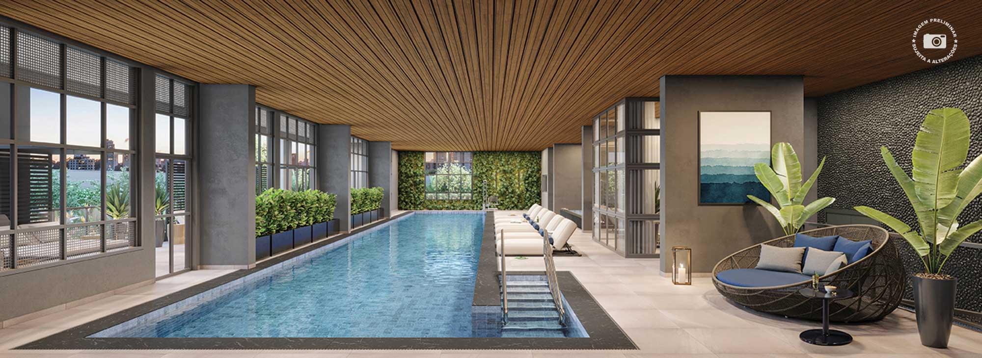 PERSPECTIVA ILUSTRADA DA PISCINA COBERTA DE 25 M - Haute Brooklin by Ez