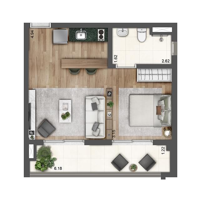 Planta 2 - 1 Dormitório de 45m² - GRAND SQUARE Praça da Árvore
