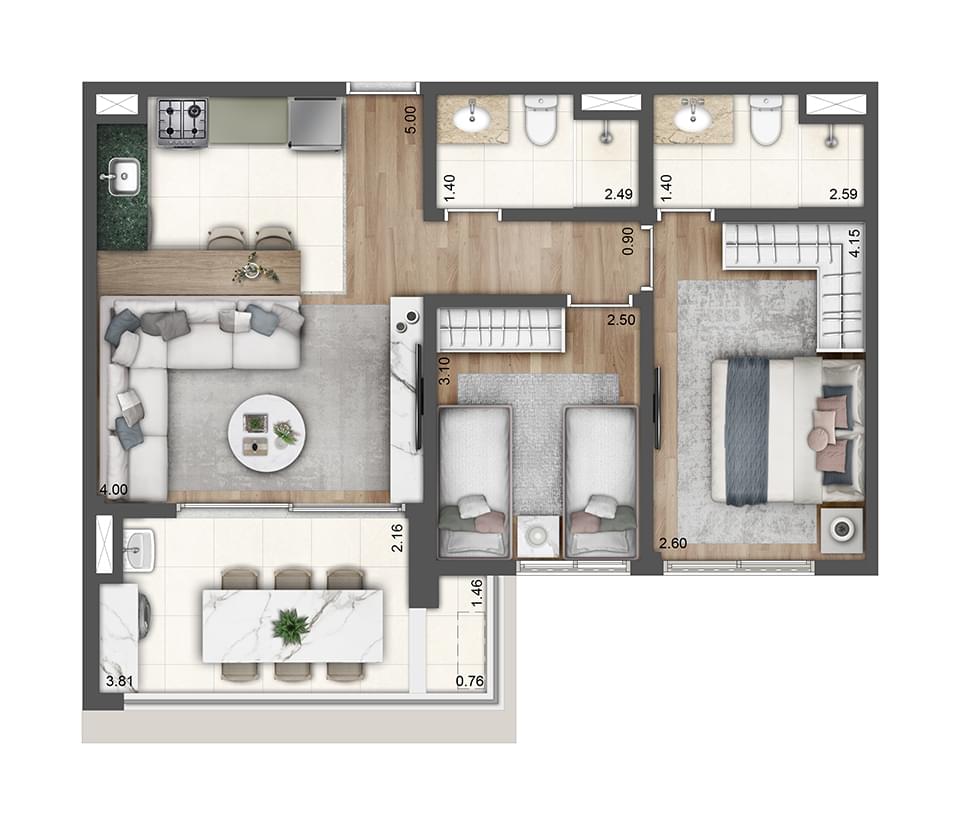 Planta 3 - 2 Dormitório de 65m² - GRAND SQUARE Praça da Árvore