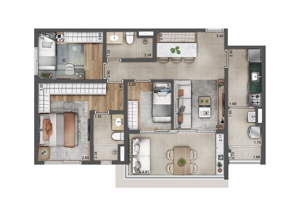 Planta 4 - 3 Dormitório de 79m² - GRAND SQUARE Praça da Árvore
