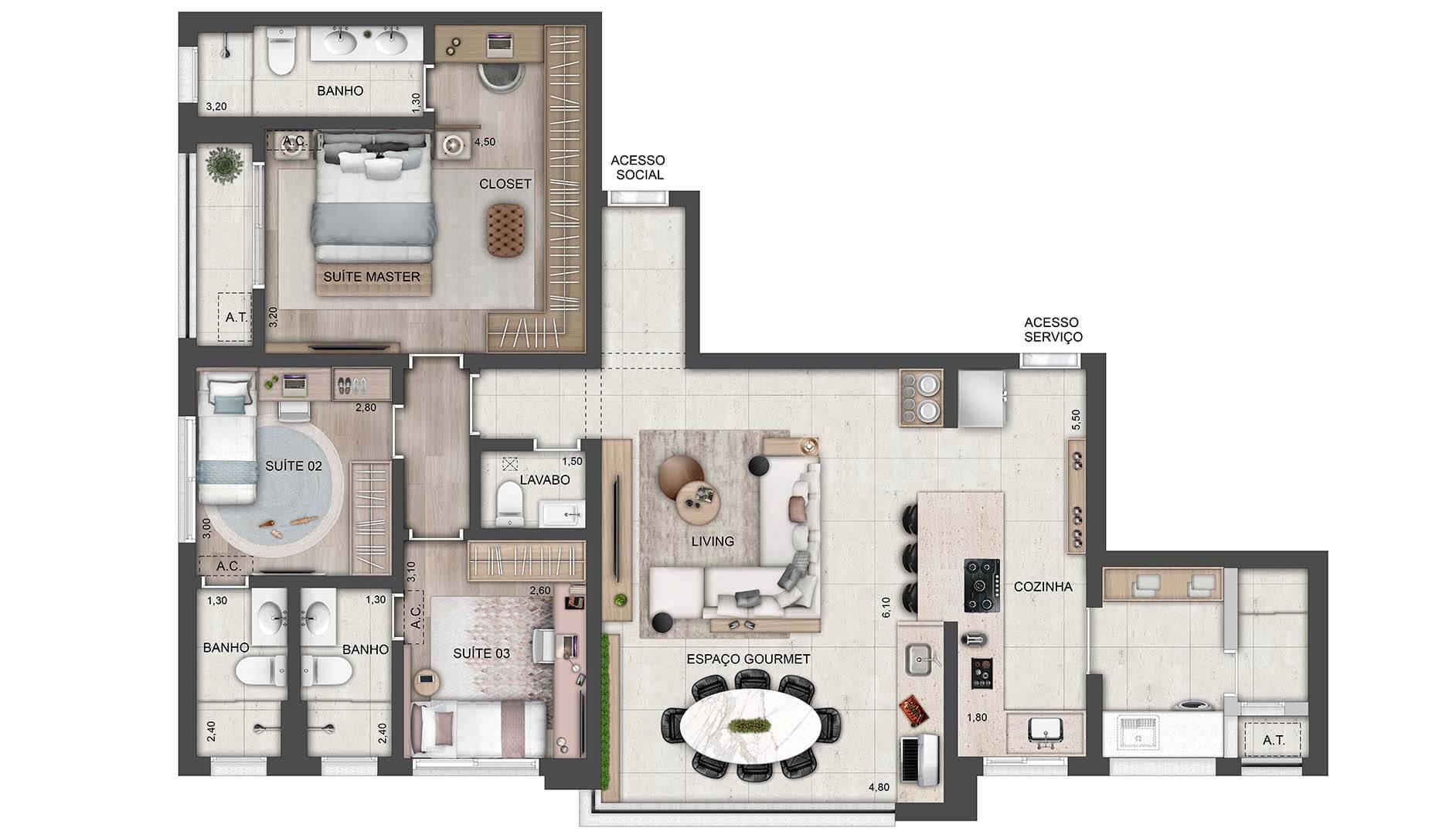 LEDGE Brooklin - Planta Planta de 122m² com 3 Suítes