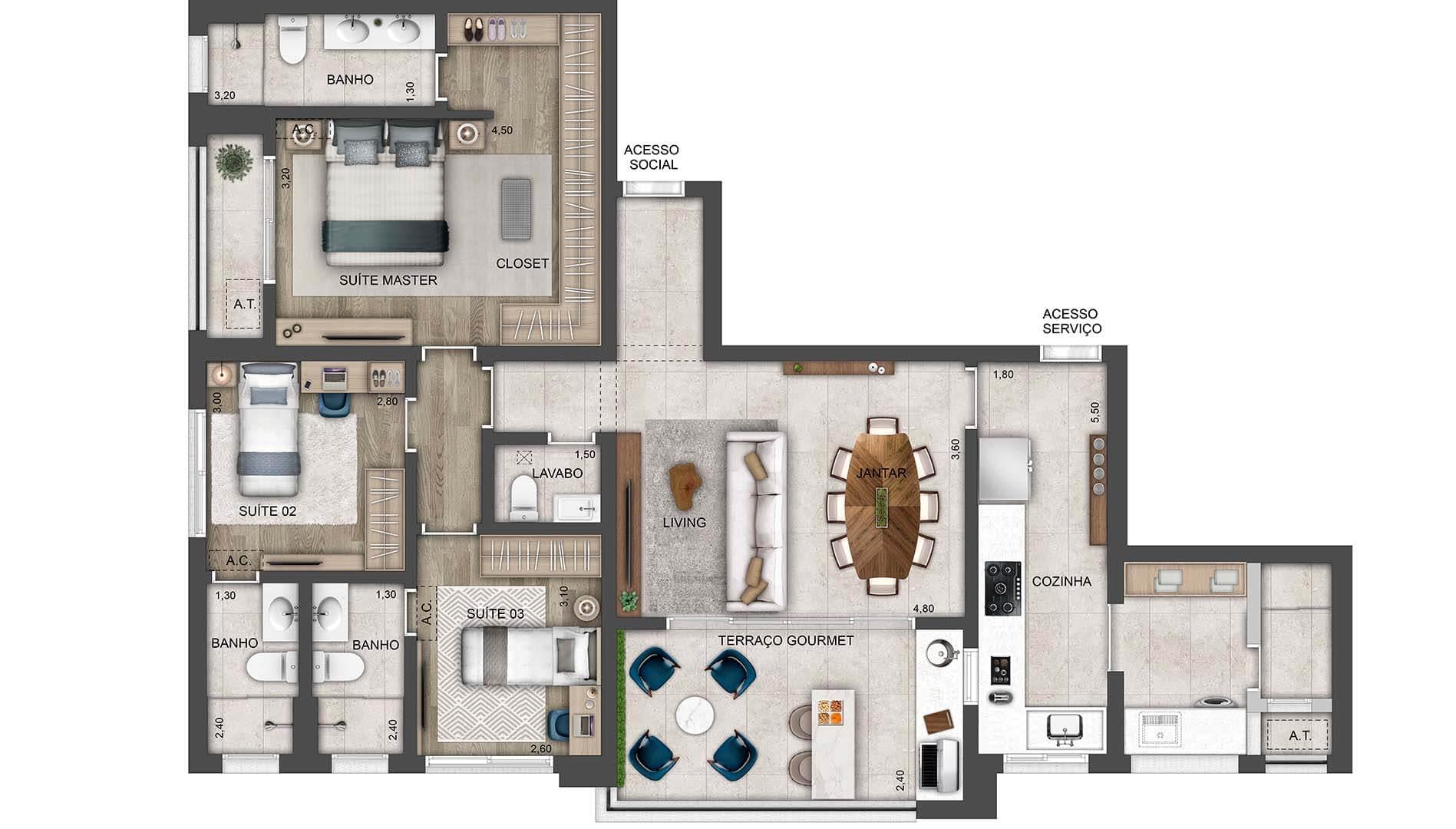 LEDGE Brooklin - Planta Planta de 122m² com 3 Suítes