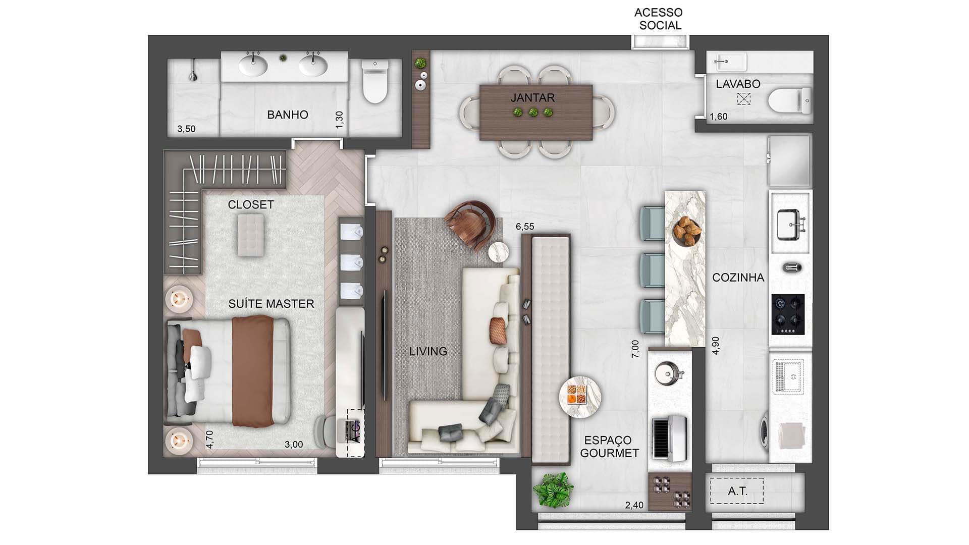 LEDGE Brooklin - Planta Planta de 70m² com 1 Suíte