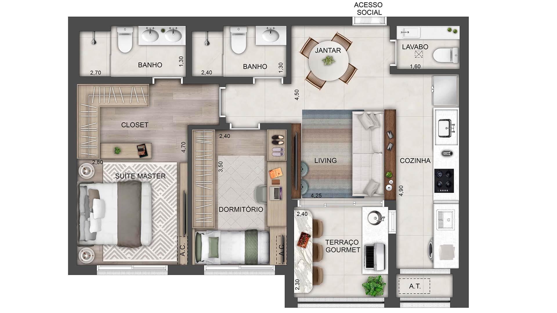 LEDGE Brooklin - Planta Planta de 70m² com 2 Quartos e 1 Suíte