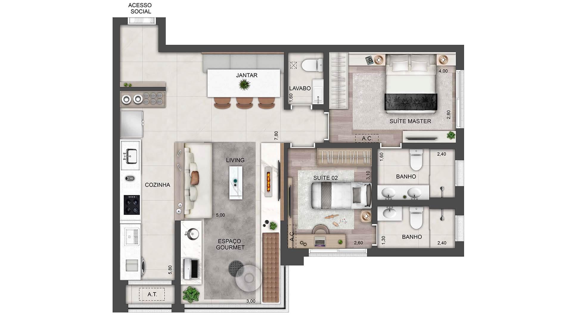 LEDGE Brooklin - Planta Planta de 80m² com 2 Suítes