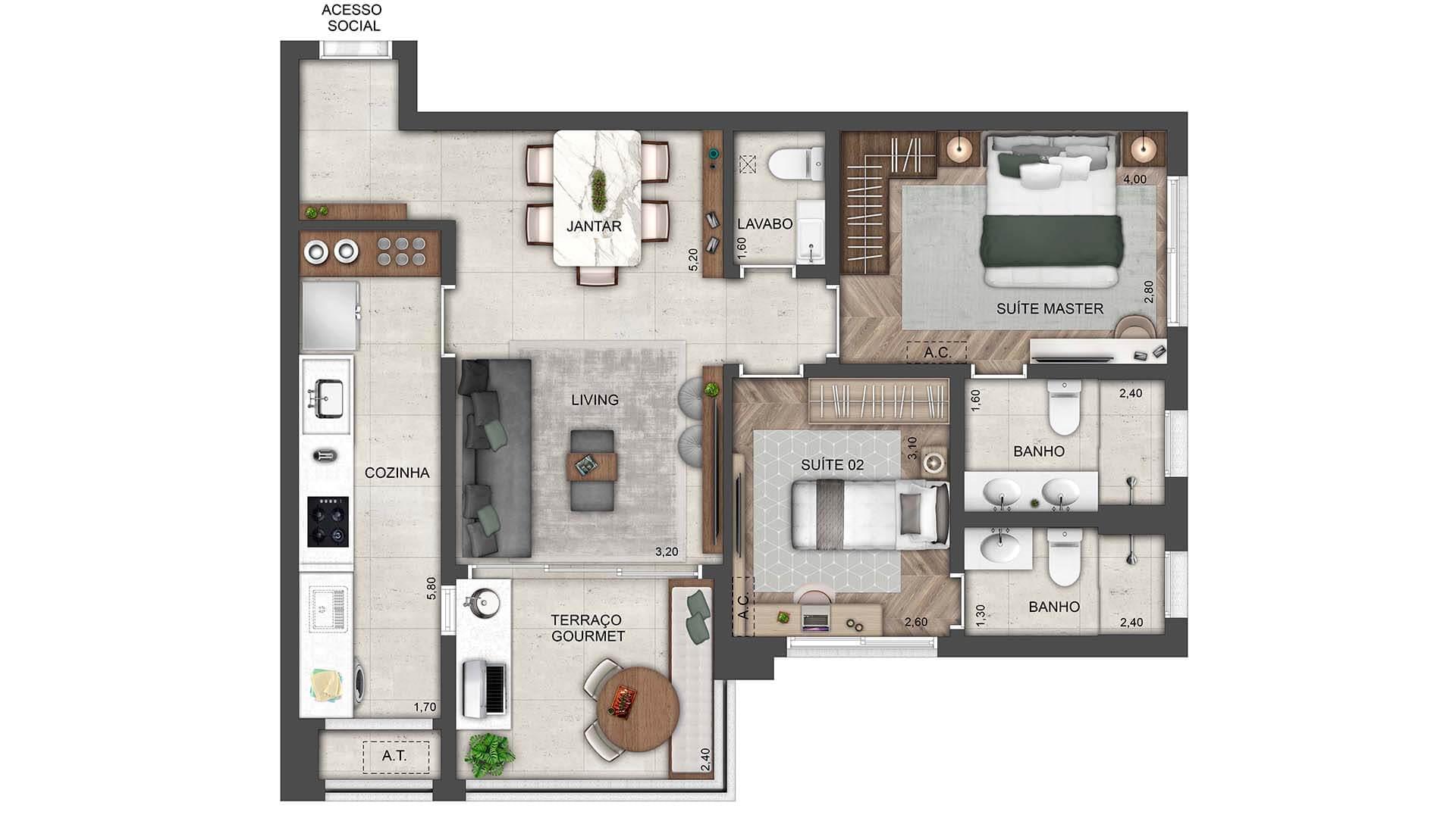 LEDGE Brooklin - Planta Planta de 80m² com 2 Suítes
