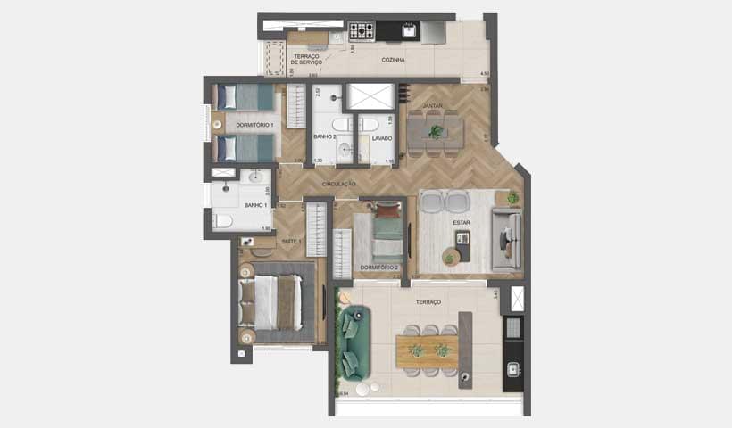 EAST BLUE Residences Tatuapé - Planta Apartamento de 105m²