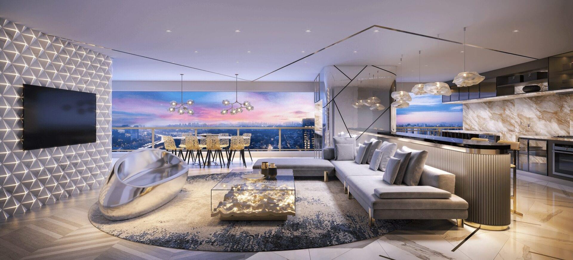 Sala com decoração moderna e vista noturna para a cidade no Cyrela Mandarim The Legend