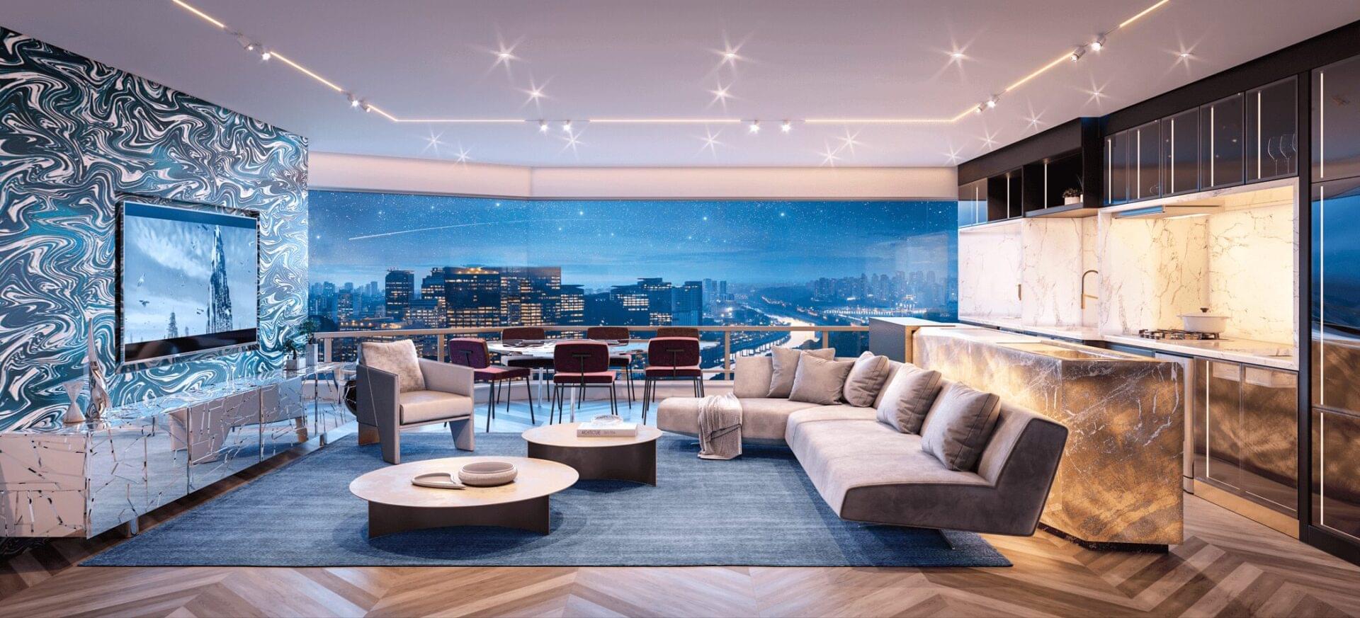 Living integrado com sala de jantar e vista para o skyline de São Paulo no Cyrela Mandarim