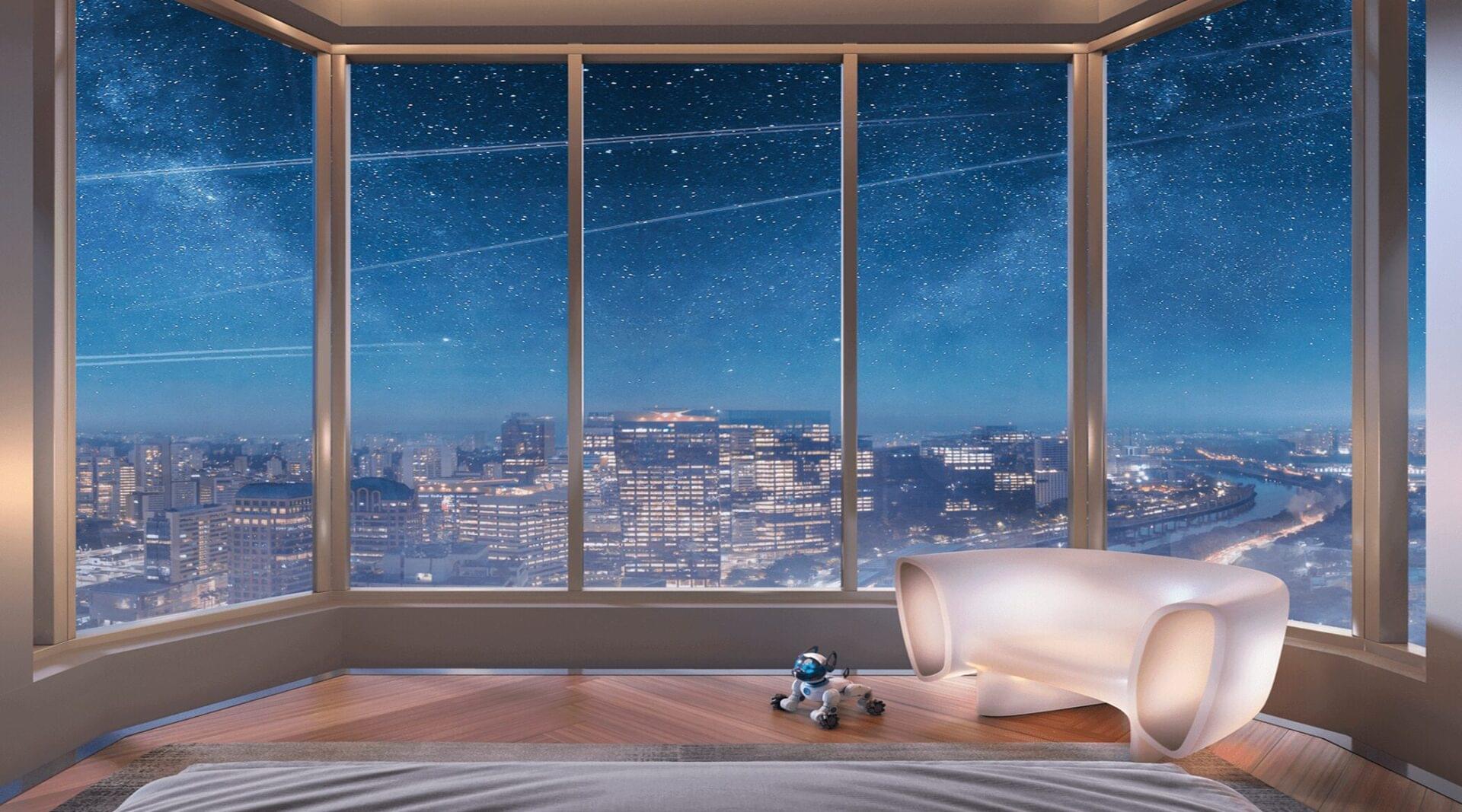 Janela ampla com vista para o skyline de São Paulo