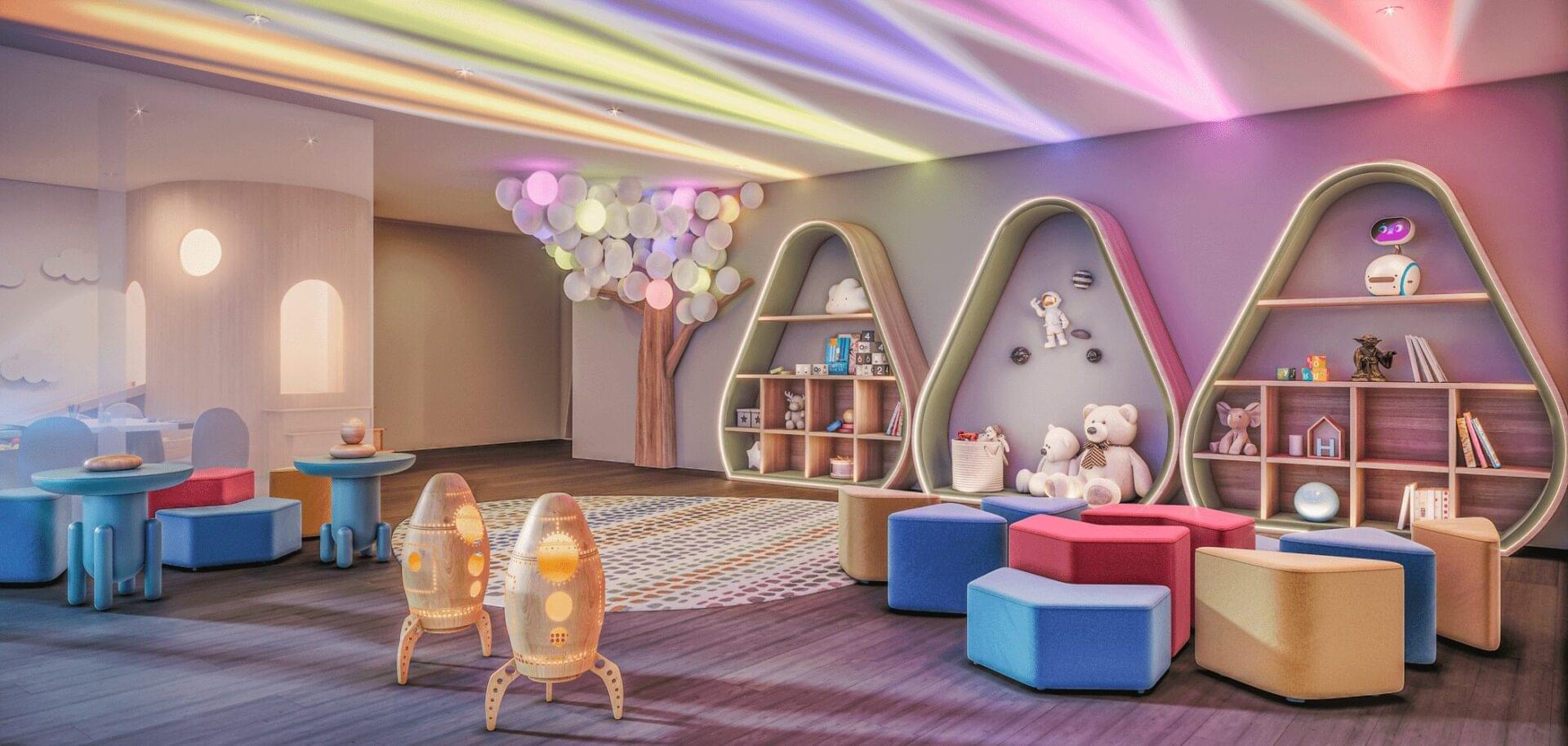 Área infantil com brinquedos e espaço de descanso no Cyrela Mandarim