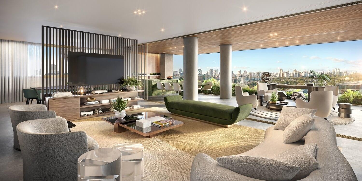 Living amplo e integrado do apartamento de 500m² no Bueno Brandão 257, lançamento da Tegra na Vila Nova Conceição com obras aceleradas.