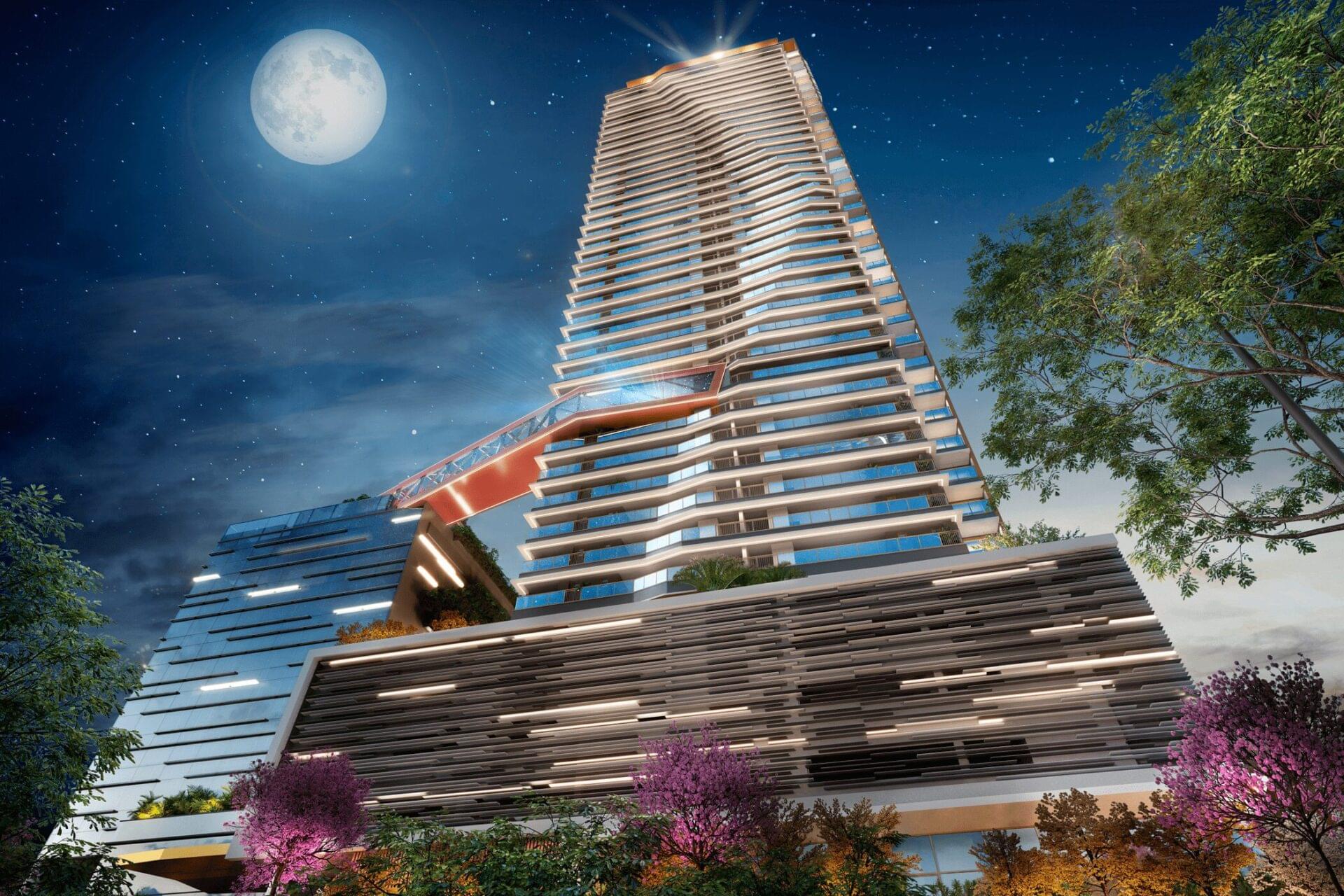 Fachada assimétrica do Cyrela Mandarim com destaque para skybridge e movimento arquitetônico