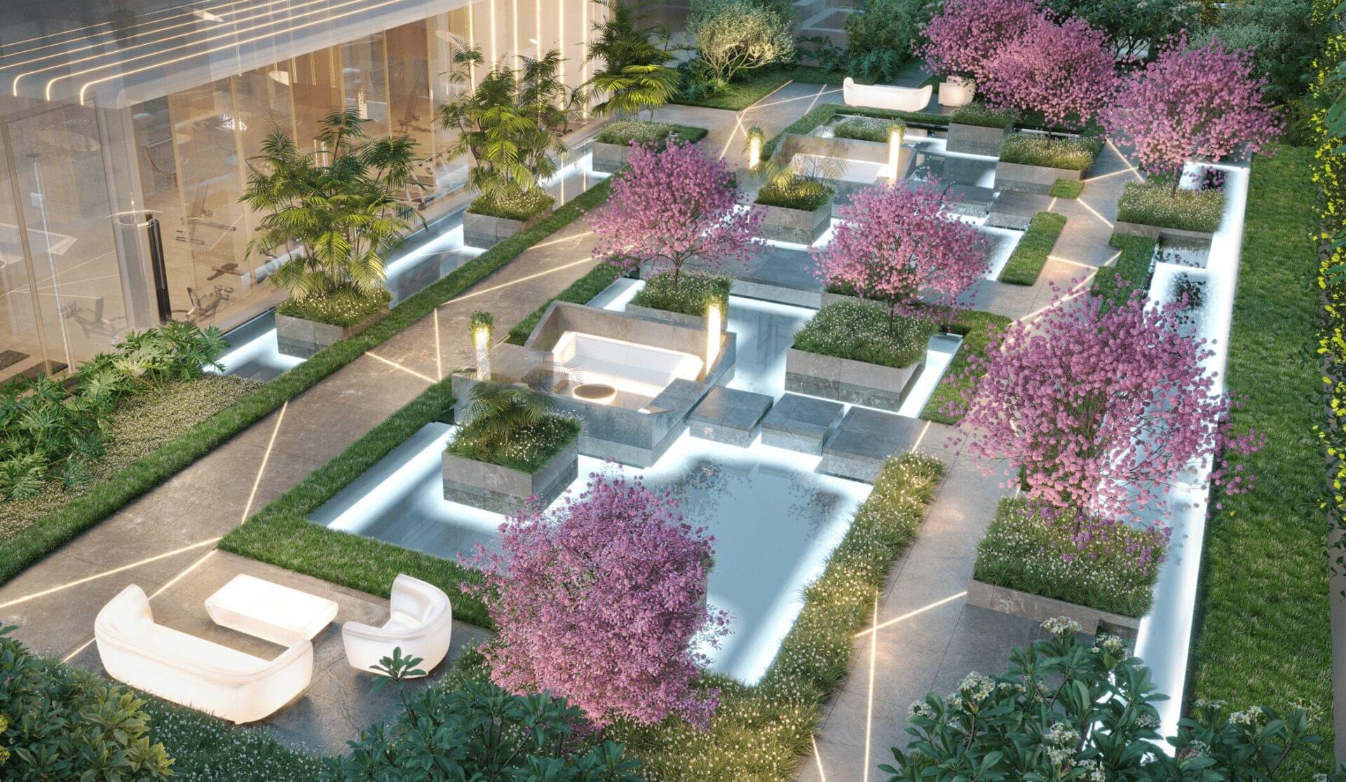Lounge externo com jardim e área de bem-estar no Cyrela Mandarim