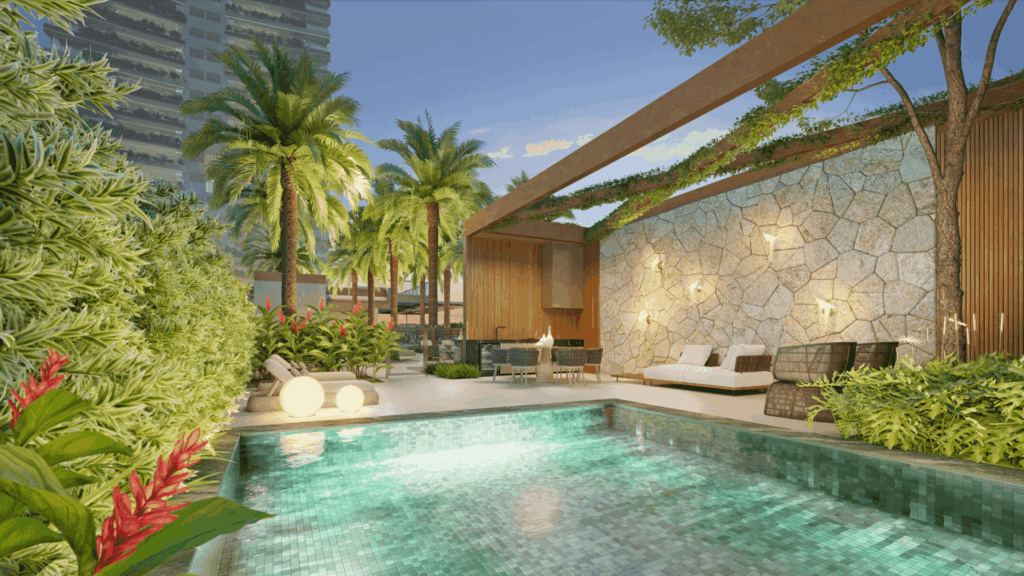 Área Externa Com Piscina Descoberta E Espaço Lounge Privativo Do Casa Éden By Yoo East, Rodeada Por Vegetação Tropical