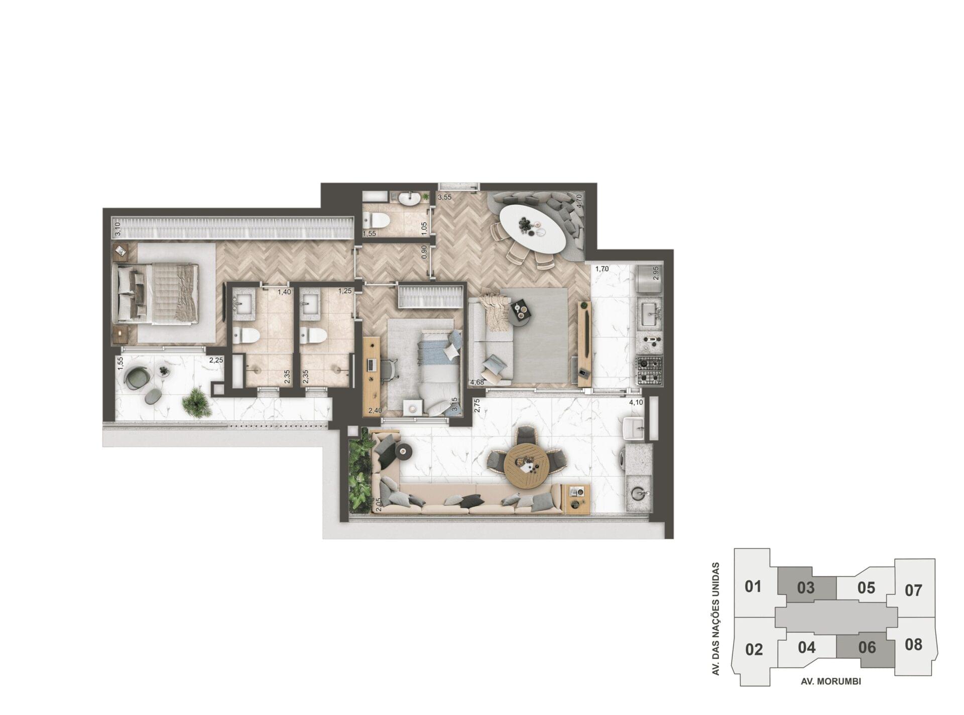 Planta baixa de 89 metros quadrados com living aberto e varanda gourmet