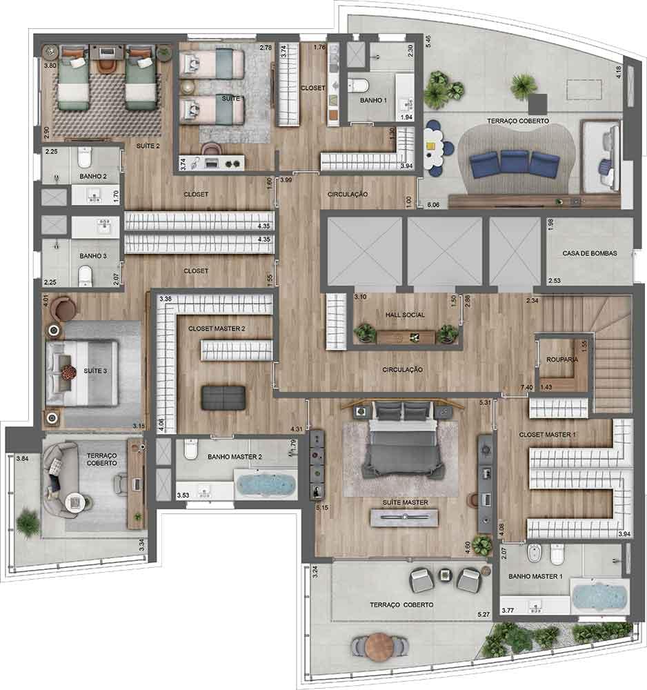 Lindenberg Ibirapuera Design Tower - Obras Aceleradas - Adolpho Lindenberg - Eztec - Cobertura Alto Padrão Ibirapuera - Planta Inferior Duplex 557m²