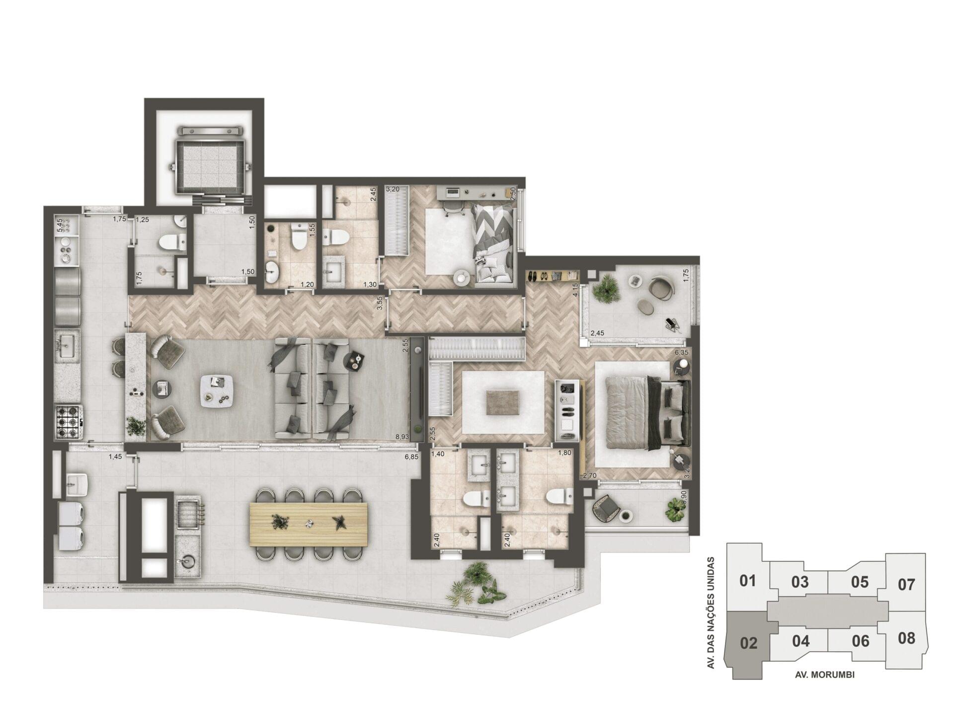 Opção de planta com 140 m², cozinha aberta e 3 suítes