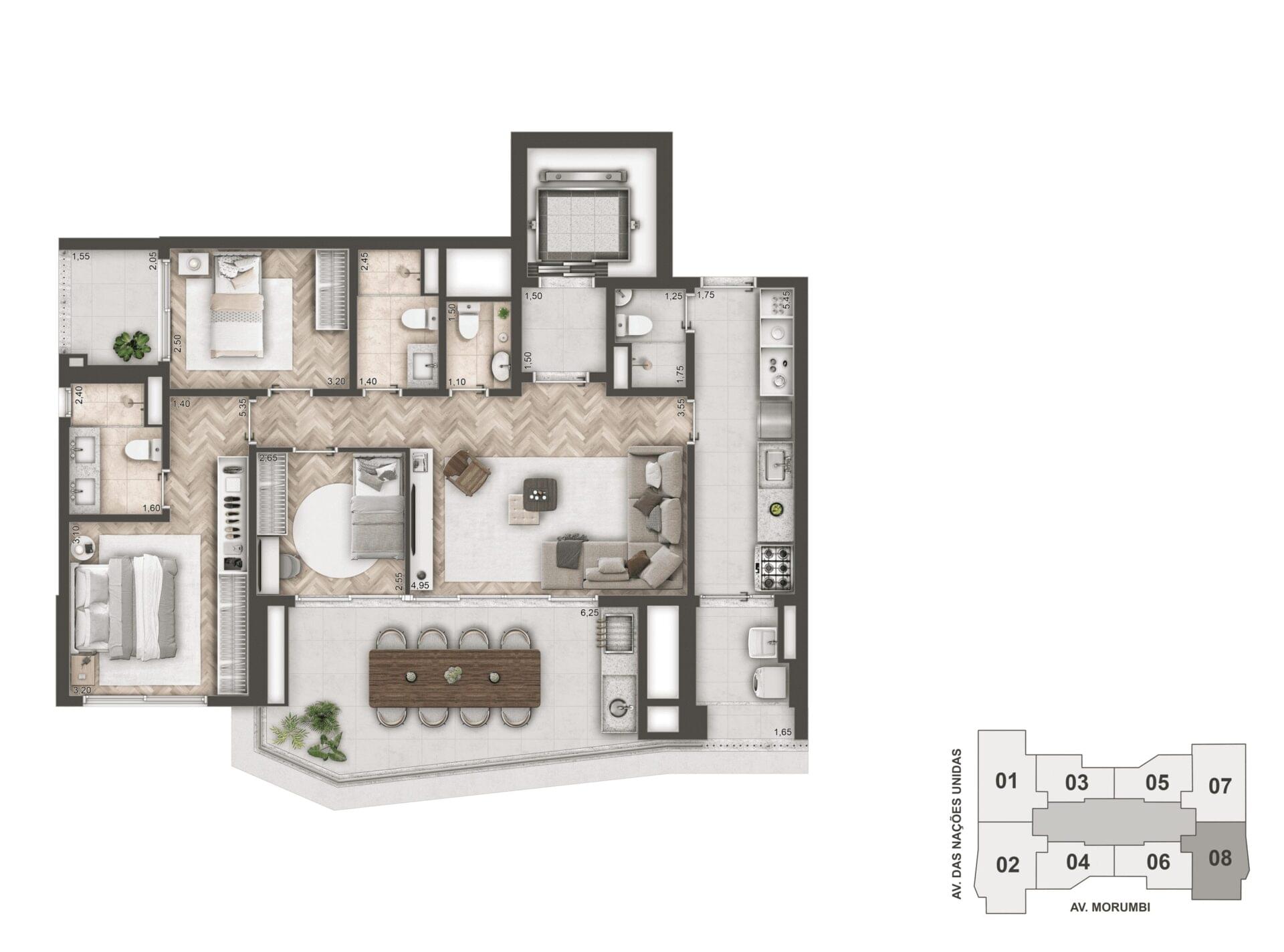 Planta do apartamento de 114 m² com 3 dormitórios e varanda