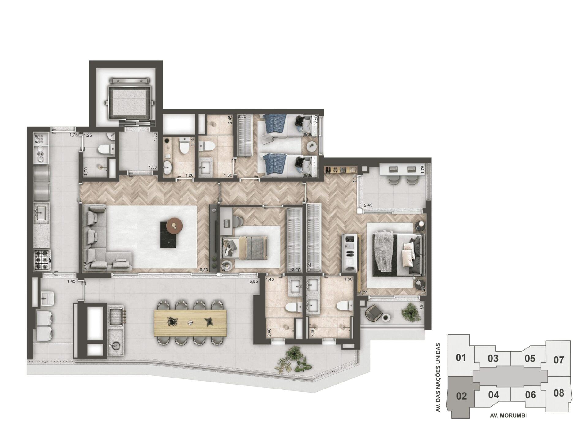 Planta de 140 metros quadrados com 3 dormitórios e varanda gourmet