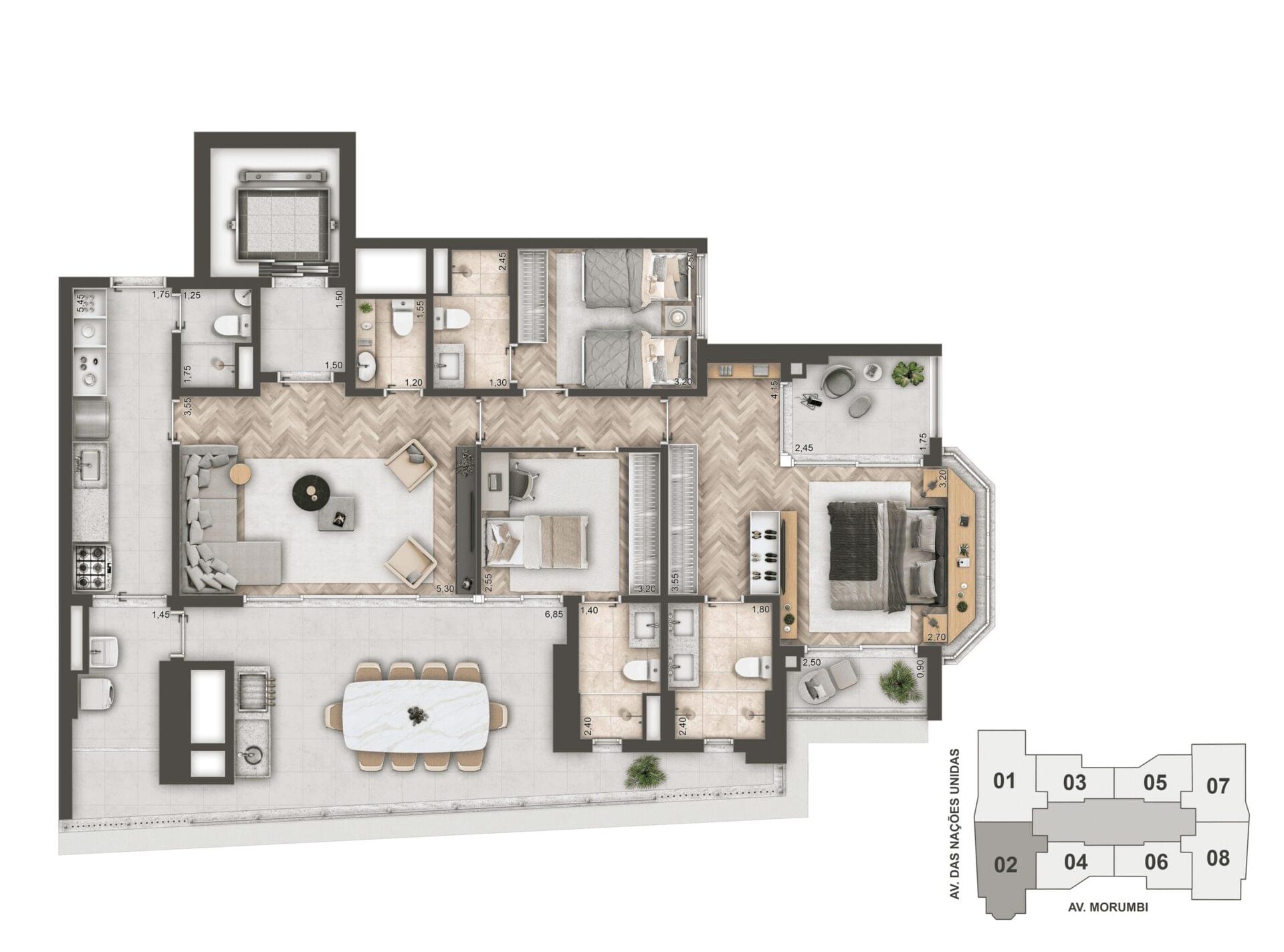 Planta do apartamento de 144 m² com 3 suítes, varanda gourmet e hall privativo