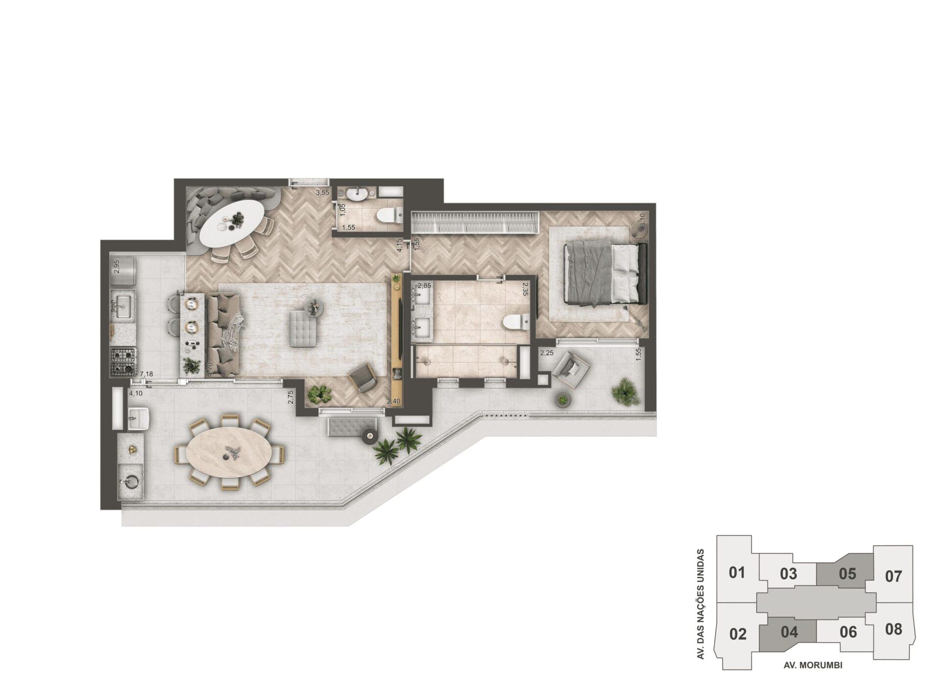 Planta de 88 m² com 2 dormitórios e living integrado