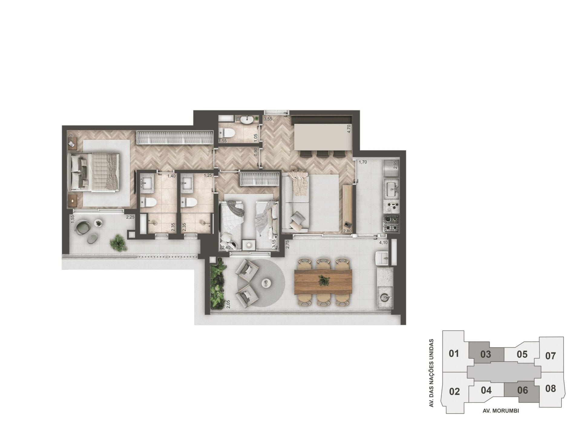 Planta do apartamento de 89 m² com 2 dormitórios e varanda gourmet