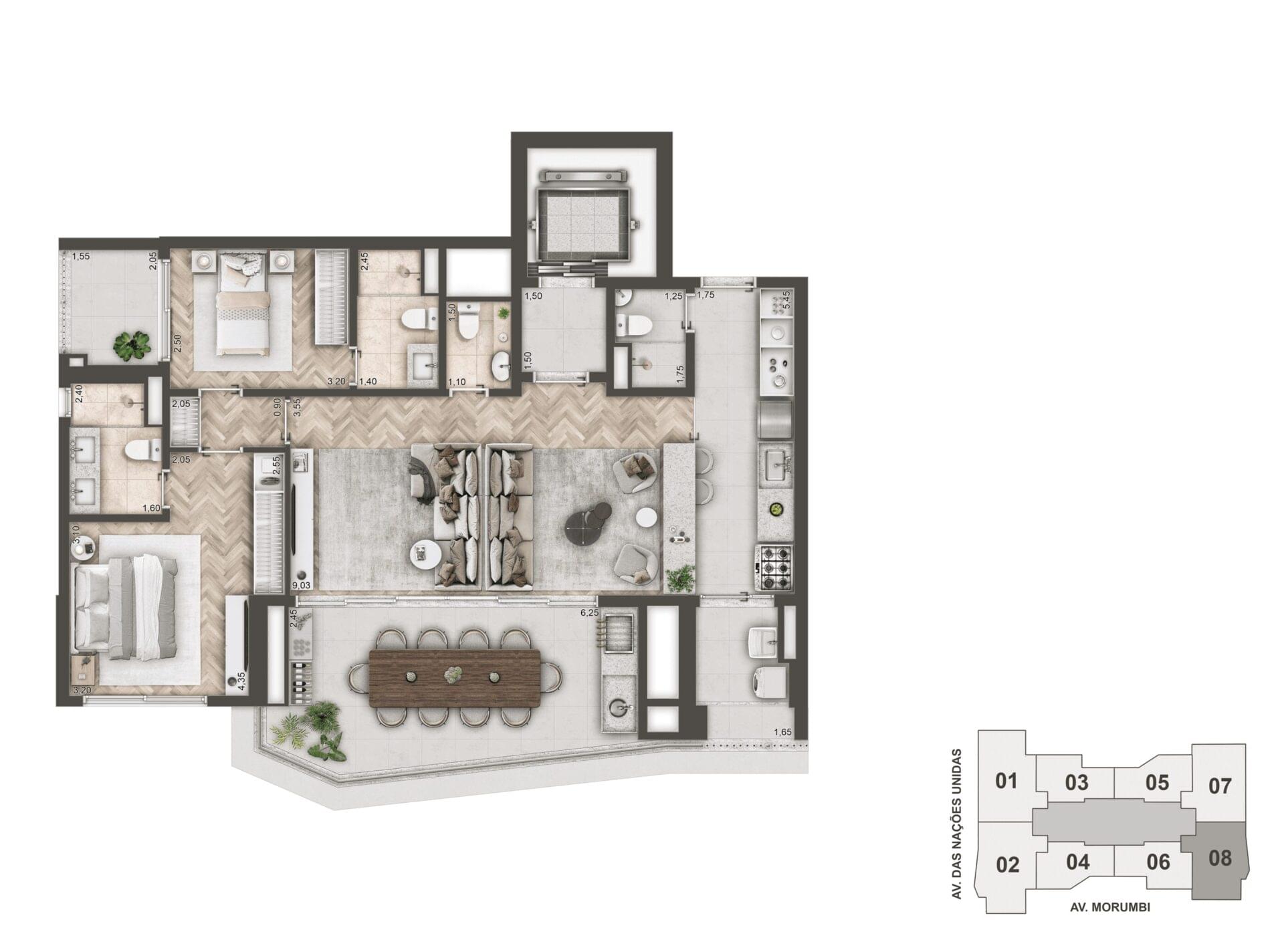 Layout com suíte master, varanda gourmet e living integrado