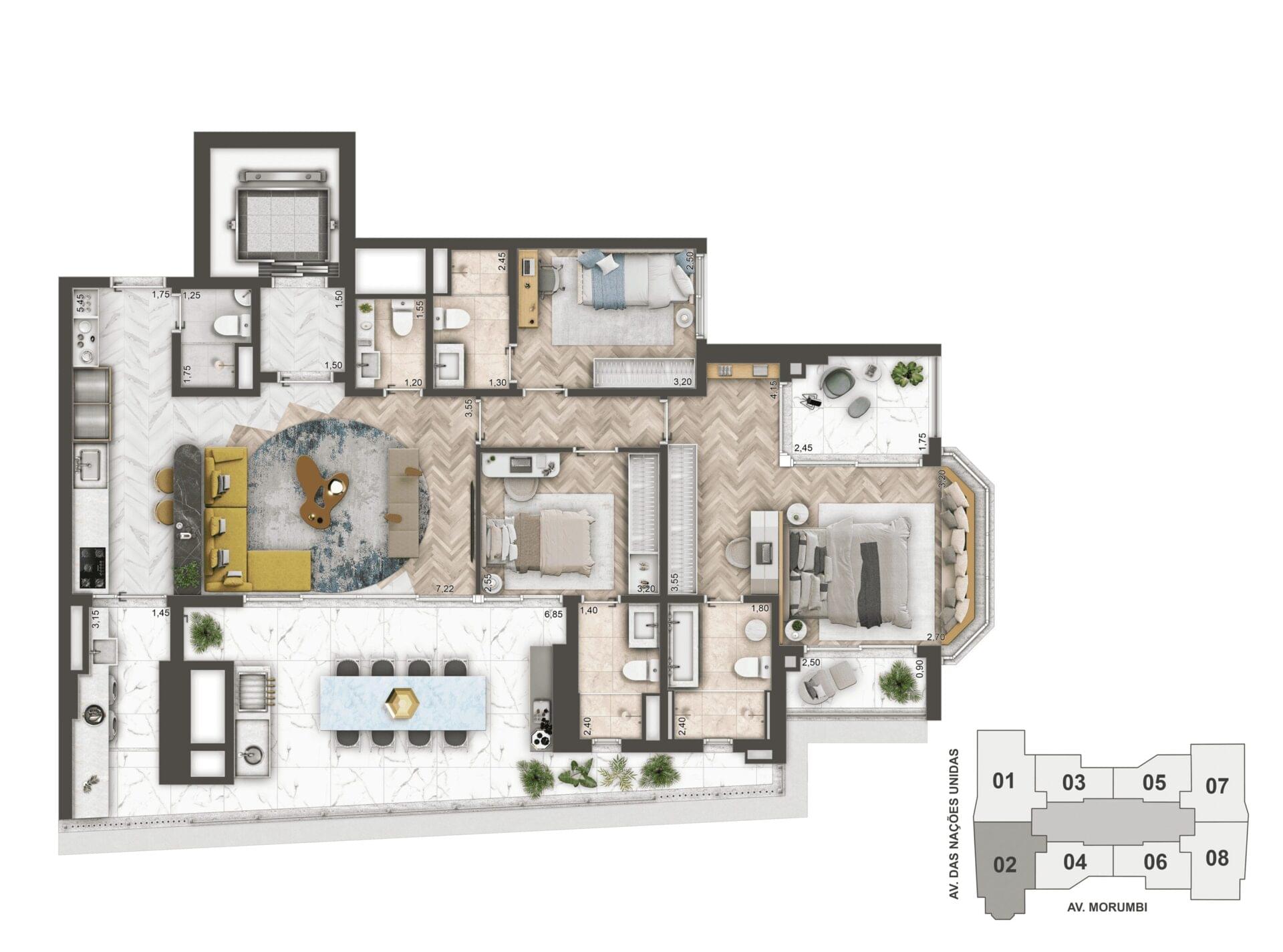 Planta do apartamento de 144 m² com living espaçoso e varanda gourmet