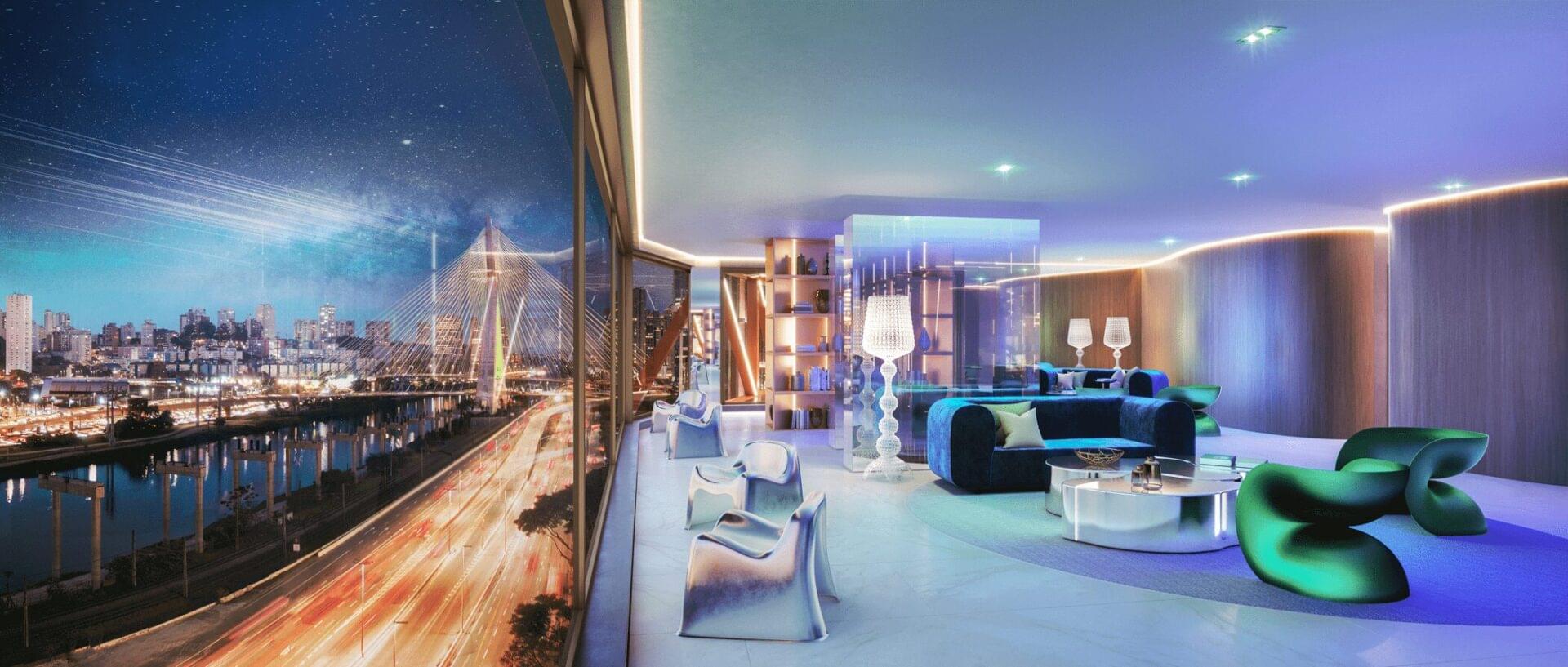 Lounge panorâmico com mobiliário de luxo no Cyrela Mandarim