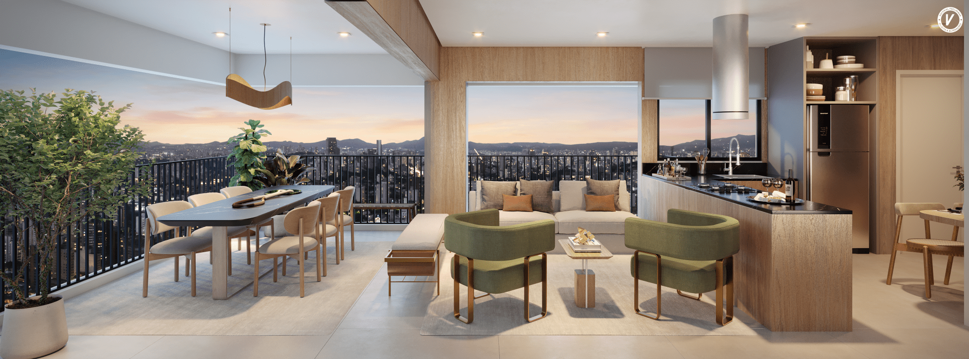 Vitacon João Ramalho - Perspectiva meramente ilustrativa do apartamento de 3 Suítes comm Amplo terraço e Cozinha Integrada