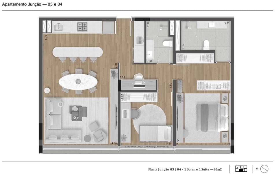 Cônego 505 - Planta Planta 96m² - 2 Dormitórios com 1 Suíte