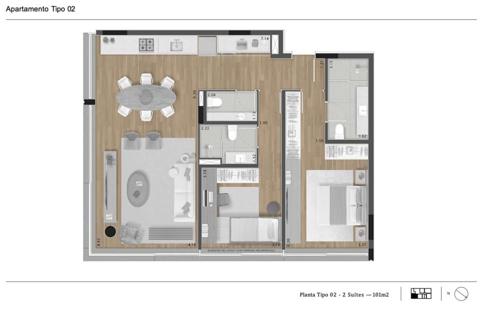 Cônego 505 - Planta Planta 101m² - 2 Suítes