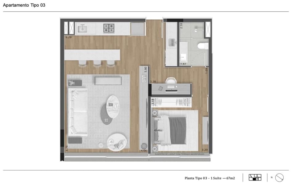 Cônego 505 - Planta Planta 67m² - 1 Suíte