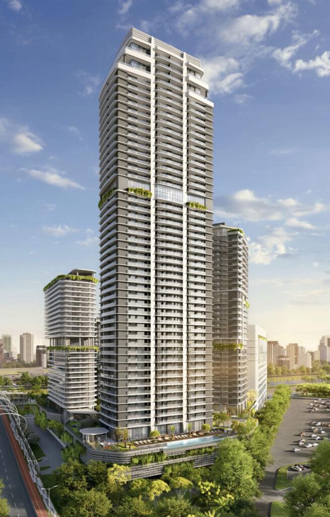 Imagem Da Fachada Do Pg Residences Com Arquitetura Moderna, Linhas Retas E Elementos Verdes