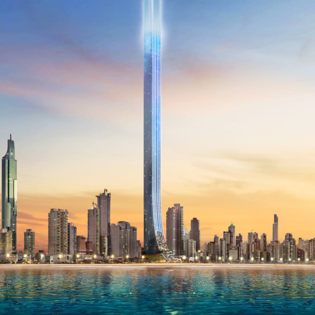 Render Da Senna Tower Em Balneário Camboriú, Com Mais De 550 Metros De Altura, Ao Entardecer